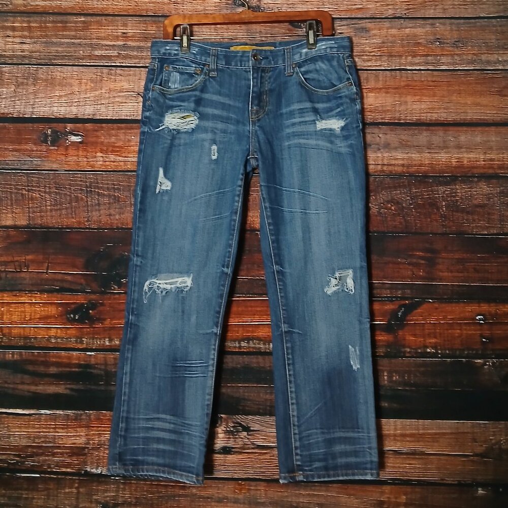 Refuge Jeans 9 Boyfriend Ankle Crop Distressed Blue Denim